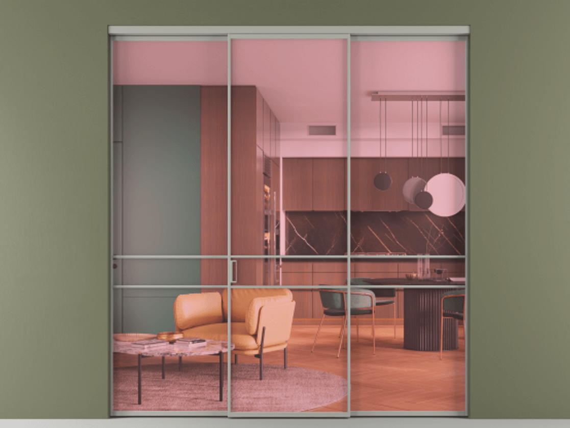 Перегородка Формато внутри проёма 3 створки АЛПР 040.02 Алюминий нейтральный серый Прозрачное розовое стекло, триплекс Цена 12400 AZE | Volhovec