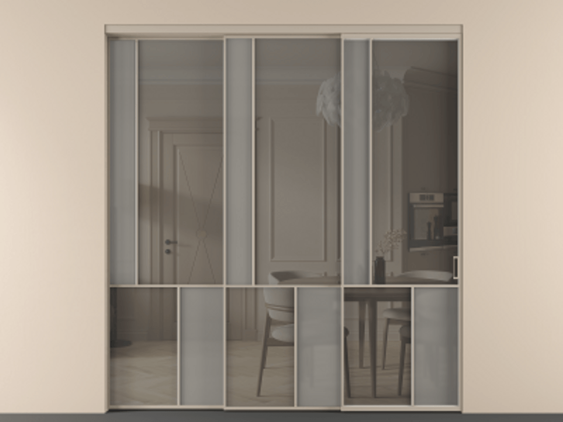 Перегородка Мозаик внутри проёма 3 створки с синхронным механизмом АЛПР 041.20  Алюминий бисквитный Сатинированное серое стекло, триплекс, 6 мм + Прозрачное серое стекло, триплекс Цена 22800 AZE | Volhovec