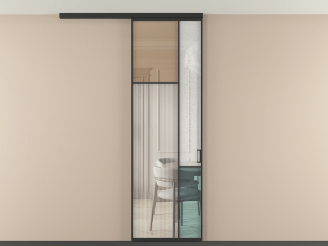 Перегородка Мозаик вдоль стены на потолок 1 створка АЛПР 041.10 Алюминий Черный Комбинация стекол Группы 1 и Группы 3 Цена 7100 AZE | Volhovec