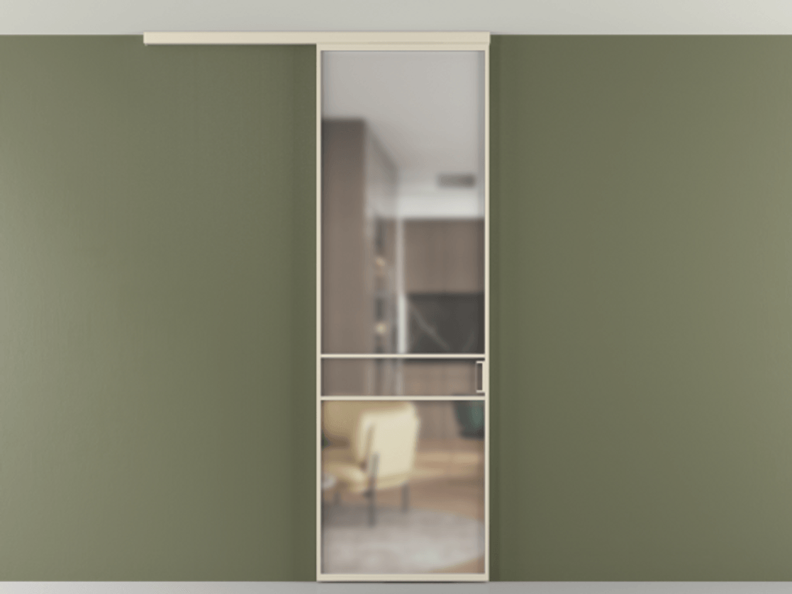 Перегородка Formato вдоль стены на потолок 1 створка АЛПР 040.02 Алюминий бежево-серый Сатинированное стекло "Matelux Crystal Vision", калёное, матовое, каленое 6 мм Цена 6540 AZE | Volhovec