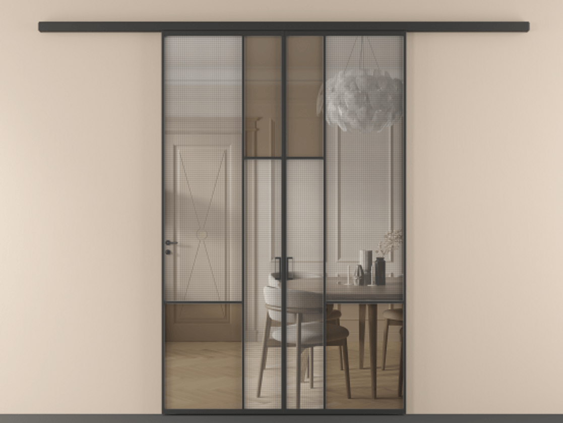 Перегородка Mosaic вдоль стены двустворчатая АЛПР 041.13 Алюминий Черный Декоративное стекло с сеткой "Mesh silver", триплекс, 6 мм + Прозрачное бронзовое стекло, триплекс. Скрытый короб ЧЕР Цена 13870 AZE . Фабрика дверей Волховец 8 (800) 551 43 19 Перегородка Mosaic вдоль стены двустворчатая АЛПР 041.13 Алюминий Черный Декоративное стекло с сеткой "Mesh silver", триплекс, 6 мм + Прозрачное бронзовое стекло, триплекс Цена 13870 AZE | Volhovec