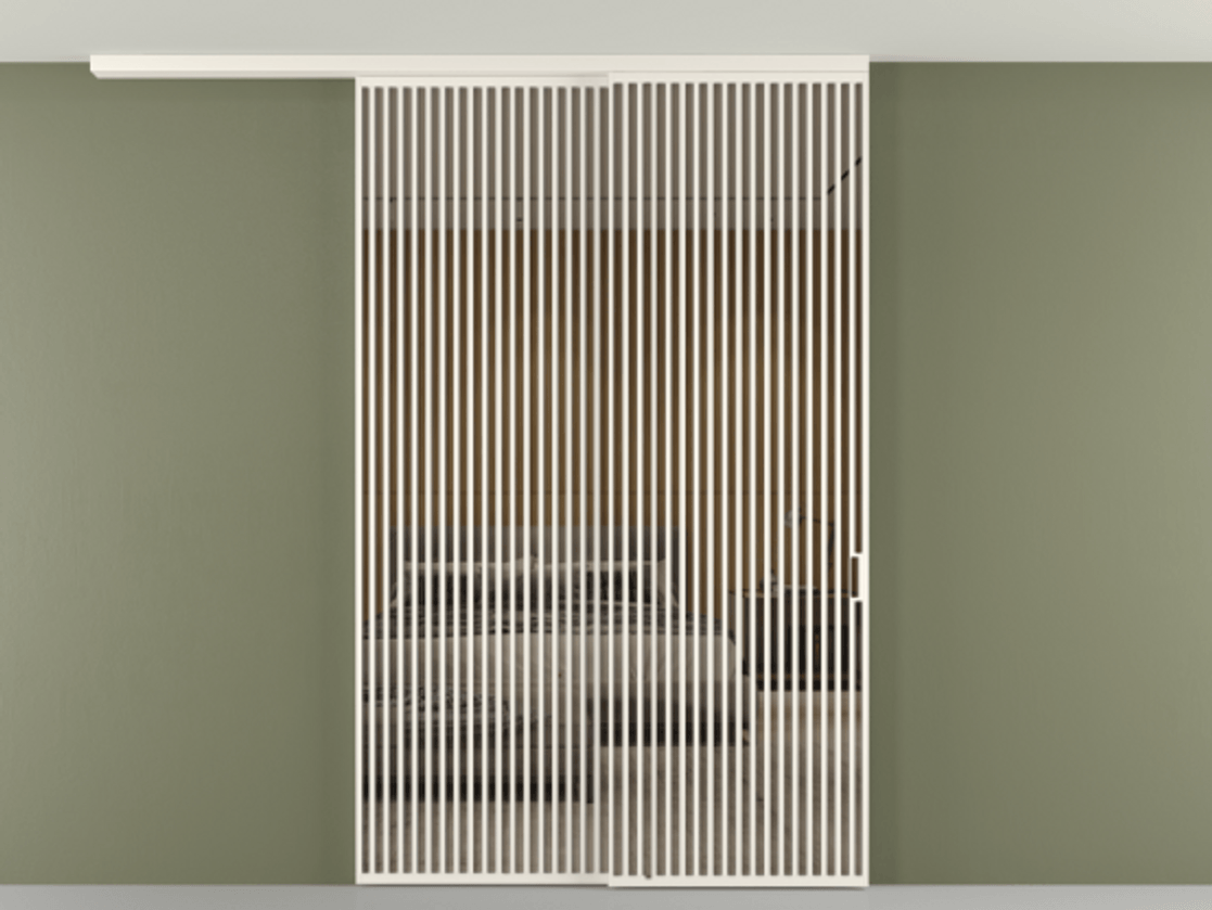 Перегородка Формато вдоль стены на потолок 2 створки с синхронным механизмом АЛПР 040.06 Алюминий пудровый белый Рефлективное бронзовое стекло "Стопсол", калёное Цена 28280 AZE | Volhovec