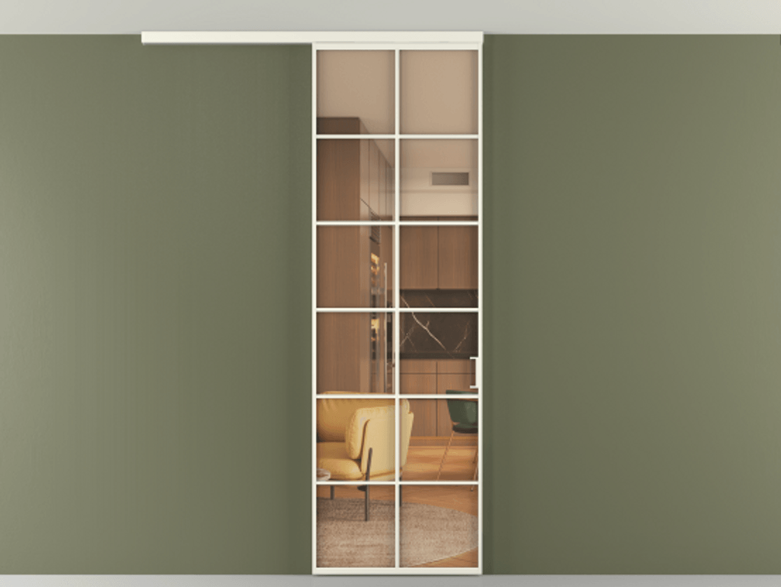 Перегородка Формато вдоль стены на потолок 1 створка АЛПР 040.05 Алюминий жемчужный Прозрачное оранжевое стекло, триплекс Цена 5400 AZE | Volhovec