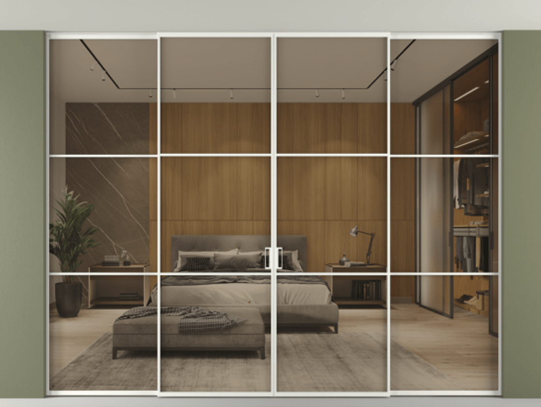 Перегородка Формато внутри проёма скрытое крепление в потолок 4 створки АЛПР 040.03 Алюминий светло-серый Рефлективное бронзовое стекло "Стопсол", калёное Цена 28940 AZE | Volhovec