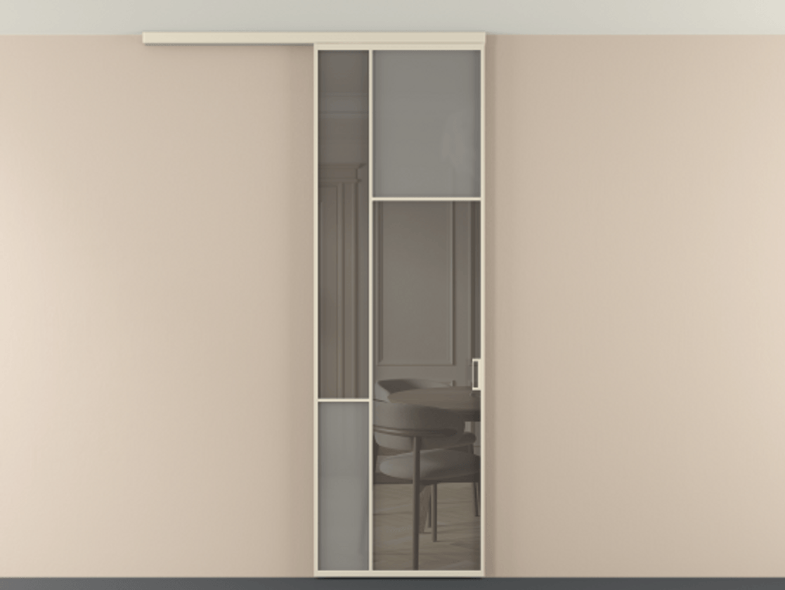 Перегородка Мозаик вдоль стены на потолок 1 створка АЛПР 041.11 Алюминий бежево-серый Сатинированное серое стекло, триплекс, 6 мм + Прозрачное серое стекло, триплекс Цена 7040 AZE | Volhovec