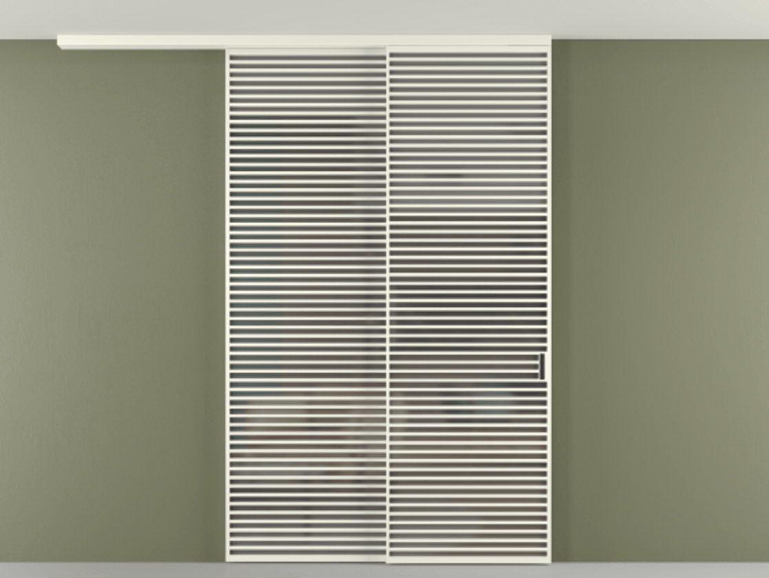 Перегородка Формато вдоль стены на потолок 2 створки с синхронным механизмом АЛПР 040.07 Алюминий жемчужный Сатинированное серое стекло, триплекс Цена 23480 AZE | Volhovec