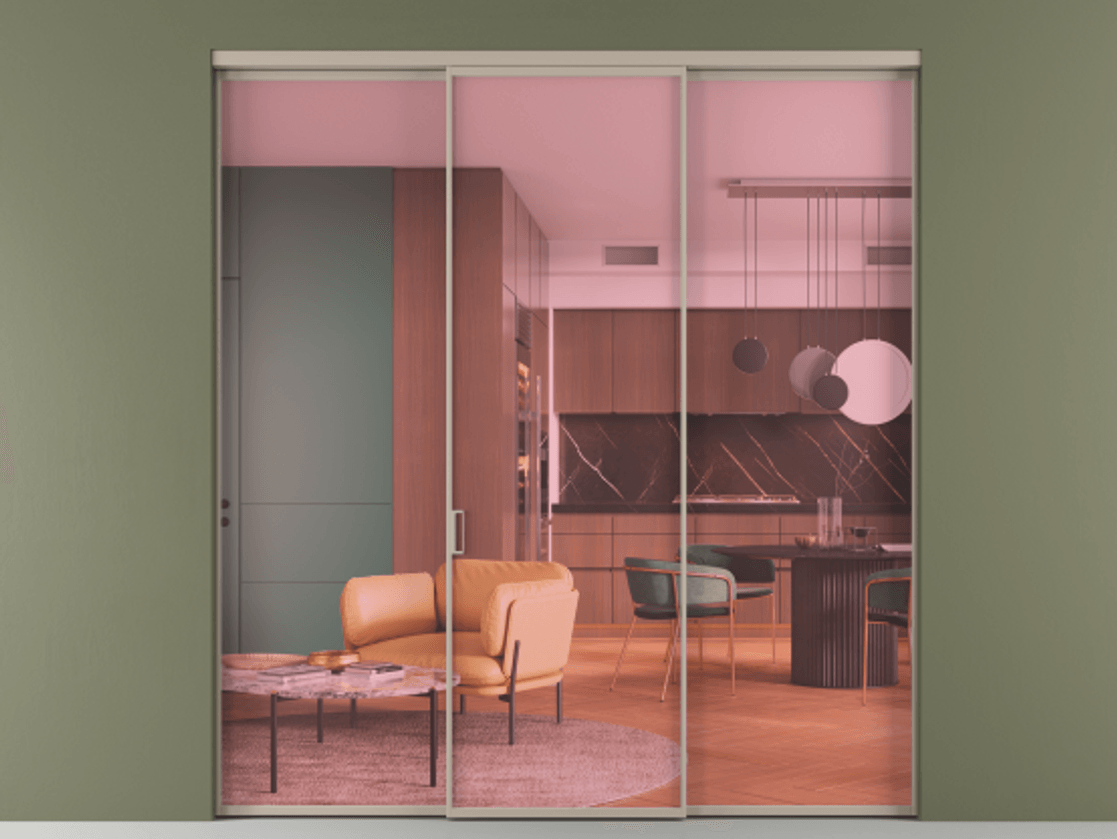 Перегородка Formato внутри проёма 3 створки АЛПР 040.01 Алюминий бисквитный Прозрачное розовое стекло, триплекс Цена 11700 AZE | Volhovec