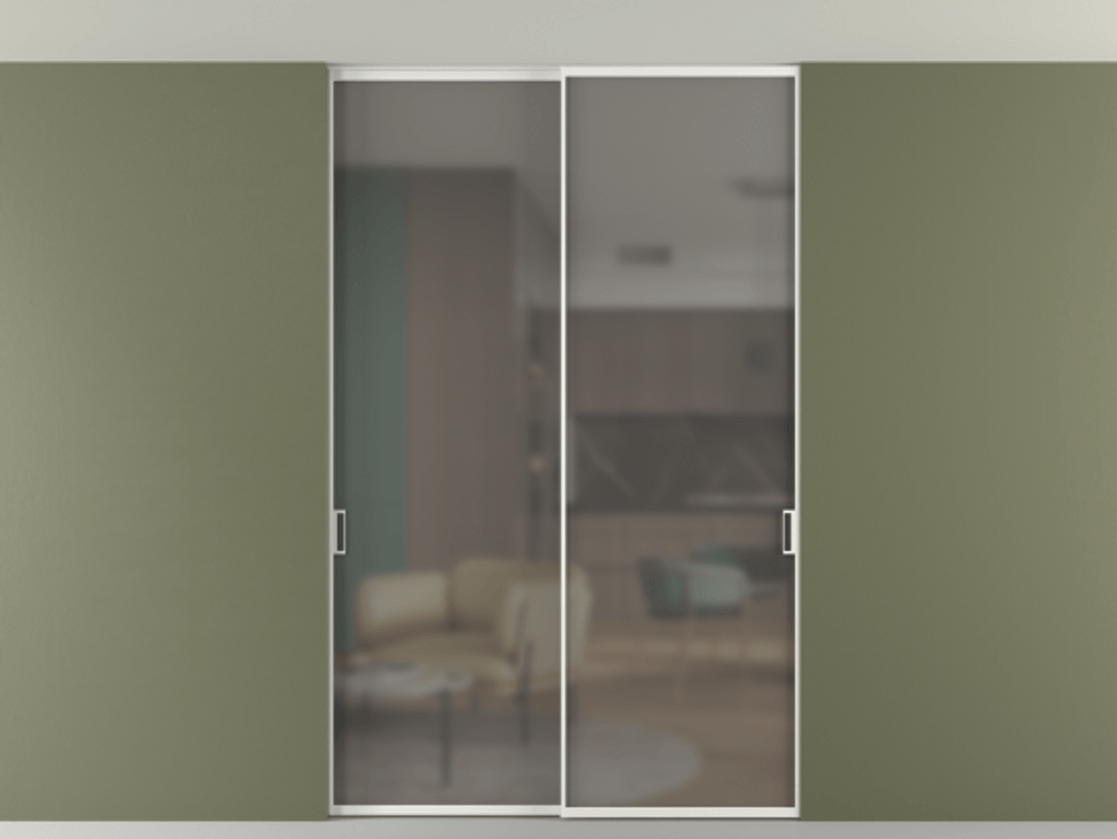 Перегородка Формато внутри проёма скрытое крепление в потолок 2 створки АЛПР 040.01 Алюминий светло-серый Сатинированное серое стекло, триплекс Цена 12470 AZE | Volhovec