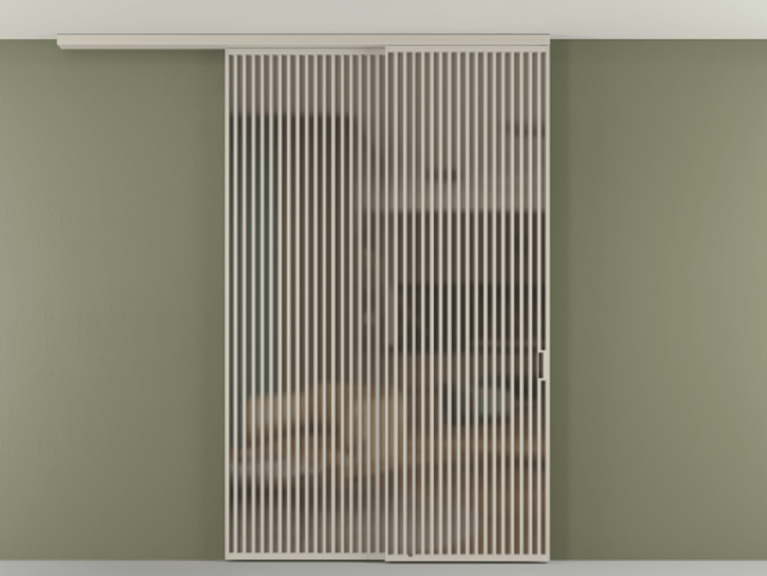 Перегородка Формато вдоль стены на потолок 2 створки с синхронным механизмом АЛПР 040.06 Алюминий светло-бежевый Сатинированное бронзовое стекло, триплекс Цена 23480 AZE | Volhovec