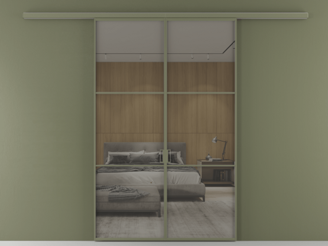 Перегородка Формато вдоль стены 2 створки АЛПР 040.03 Алюминий оливковый тёмный Рефлективное серое стекло "Стопсол", калёное Цена 12980 AZE | Volhovec