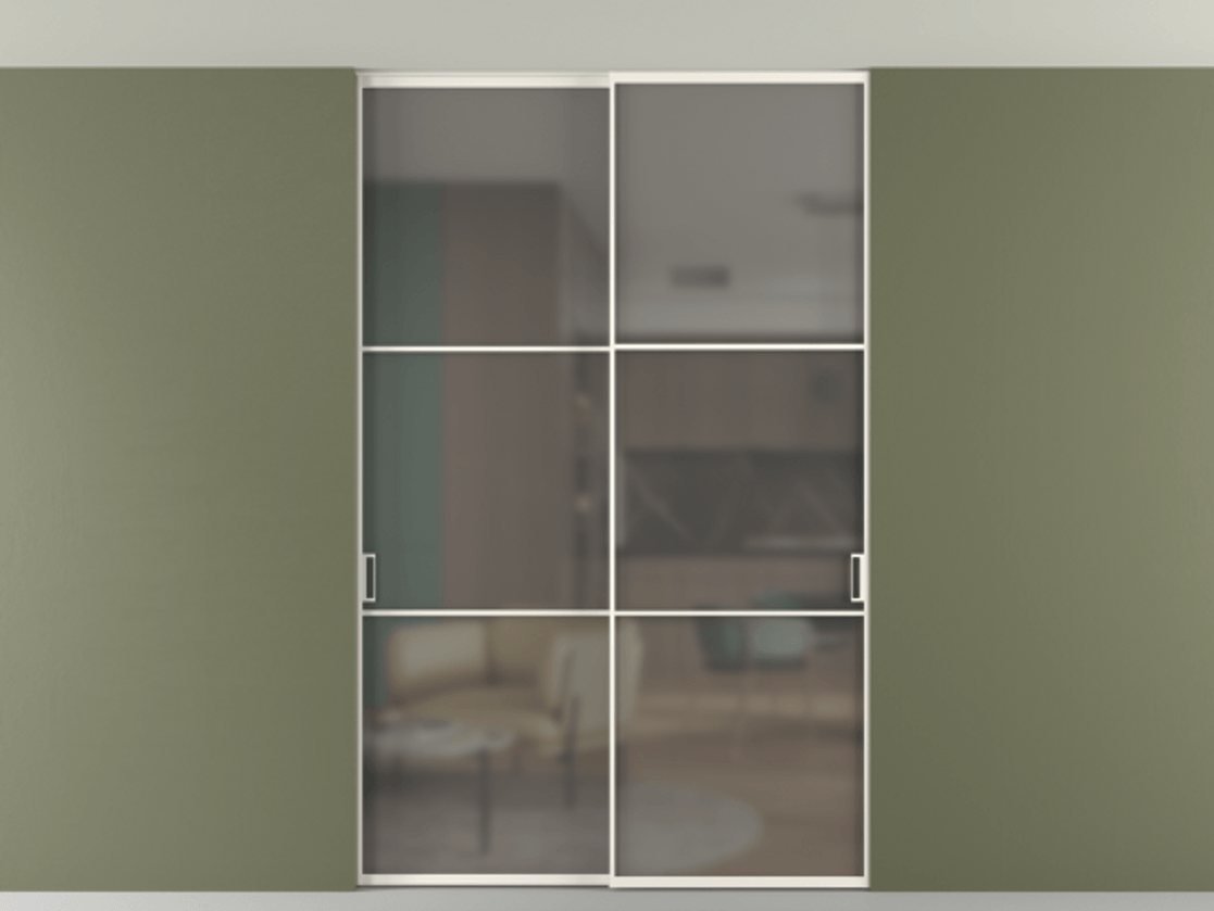 Перегородка Formato внутри проёма скрытое крепление в потолок 2 створки АЛПР 040.03 Алюминий пудровый белый Сатинированное серое стекло, триплекс Цена 12940 AZE | Volhovec