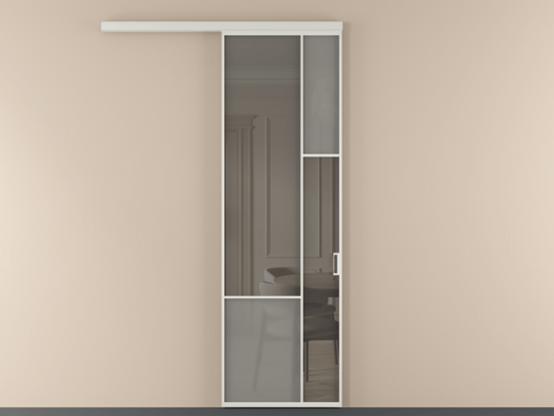 Перегородка Мозаик вдоль стены 1 створка АЛПР 041.12 Алюминий Белый Сатинированное серое стекло, триплекс, 6 мм + Прозрачное серое стекло, триплекс Цена 6850 AZE | Volhovec