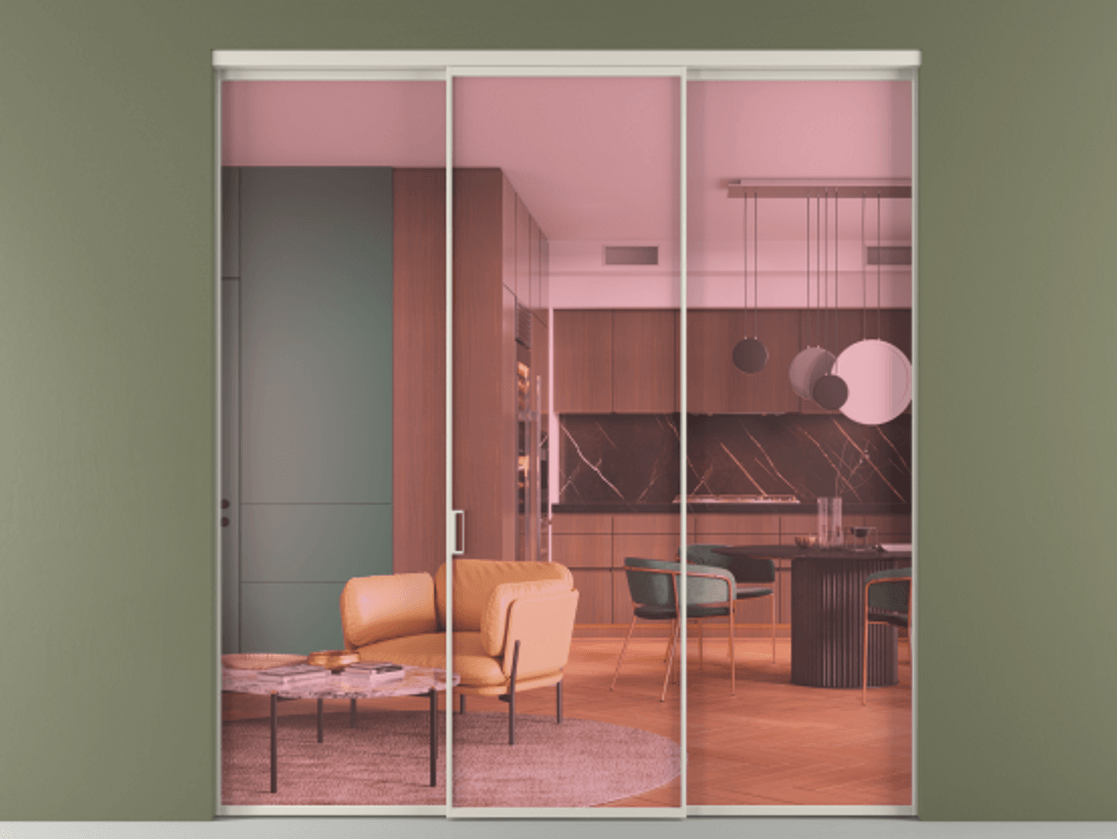 Перегородка Формато внутри проёма 3 створки АЛПР 040.01 Алюминий облачно-серый Прозрачное розовое стекло, триплекс Цена 11700 AZE | Volhovec