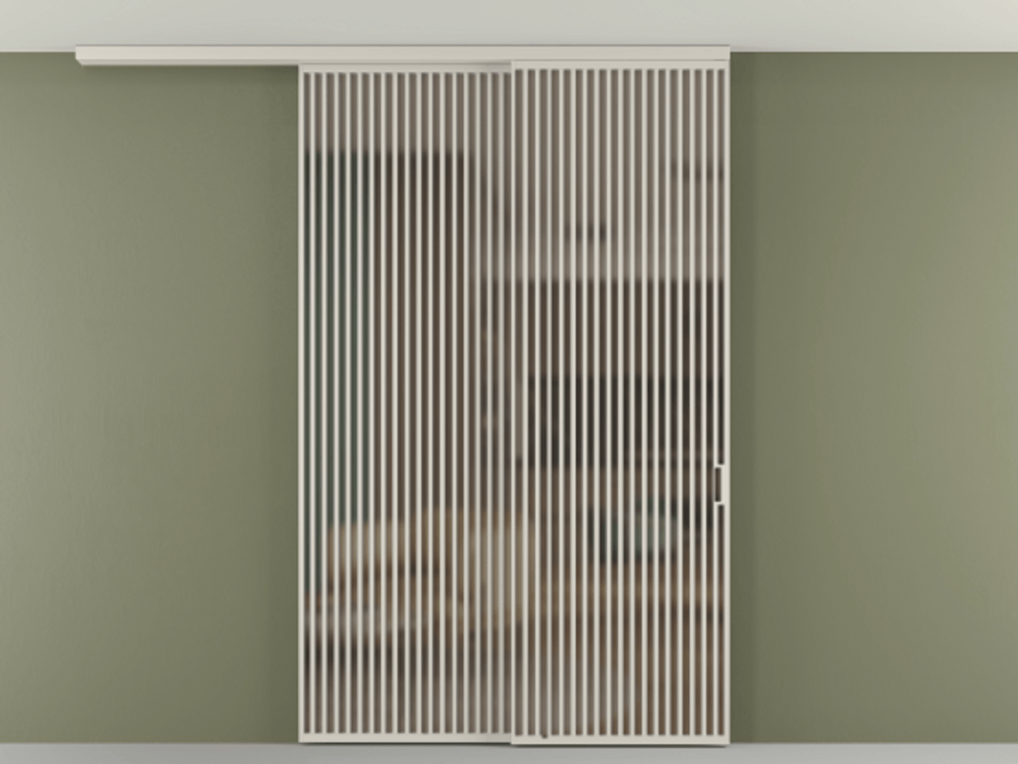 Перегородка Формато вдоль стены на потолок 2 створки с синхронным механизмом АЛПР 040.06 Алюминий облачно-серый Сатинированное бронзовое стекло, триплекс Цена 23480 AZE | Volhovec