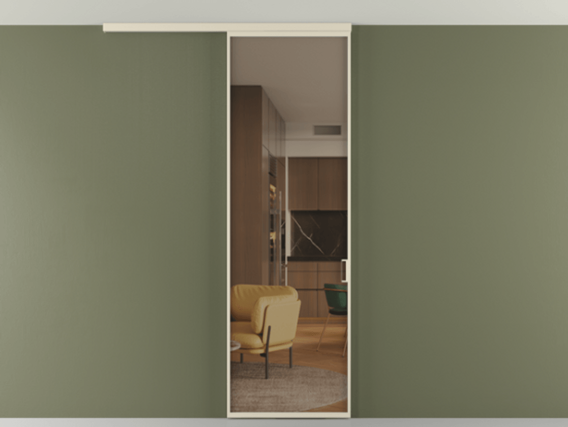 Перегородка Формато вдоль стены на потолок 1 створка АЛПР 040.01 Алюминий бежево-серый Прозрачное бронзовое стекло, триплекс Цена 4820 AZE | Volhovec