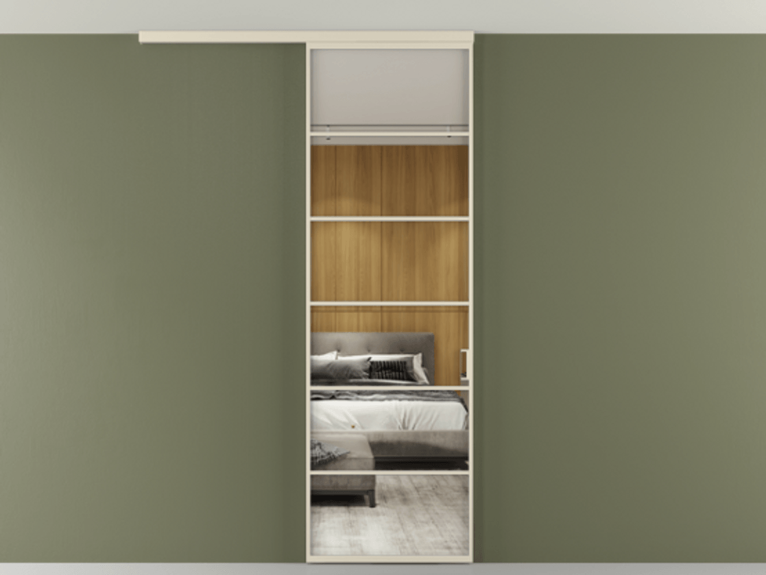 Перегородка Формато вдоль стены на потолок 1 створка АЛПР 040.04 Алюминий бежево-серый Двустороннее зеркало, триплекс , триплекс 6 мм Цена 6570 AZE | Volhovec