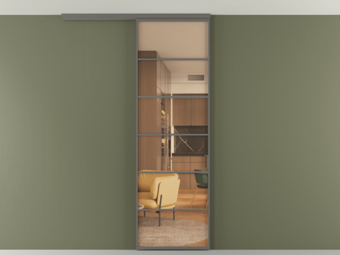 Перегородка Формато вдоль стены на потолок 1 створка АЛПР 040.04 Алюминий классический серый Прозрачное оранжевое стекло, триплекс Цена 5400 AZE | Volhovec