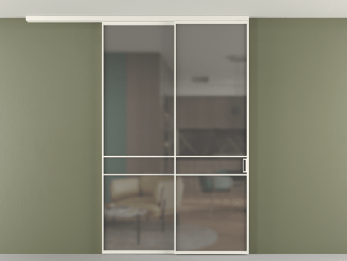 Перегородка Формато вдоль стены на потолок 2 створки с синхронным механизмом АЛПР 040.02 Алюминий пудровый белый Сатинированное серое стекло, триплекс Цена 63137060 so'm | Volhovec