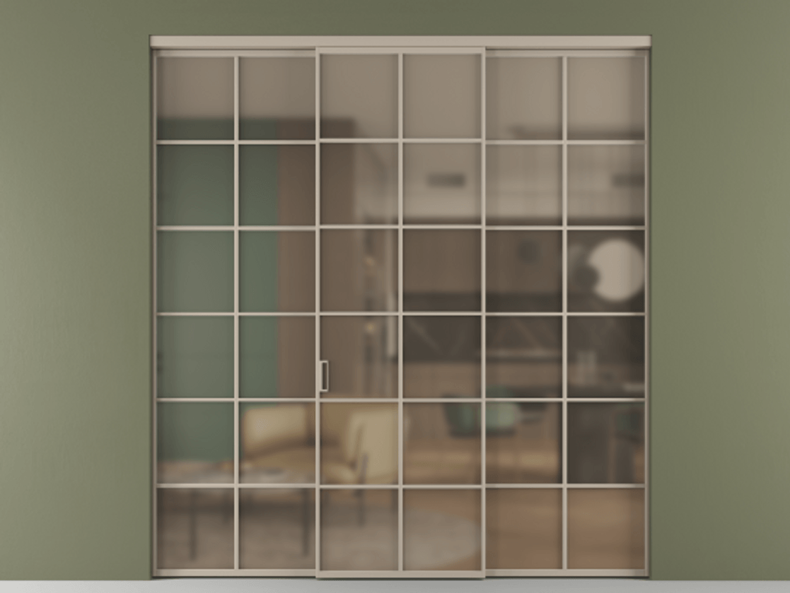 Перегородка Формато внутри проёма 3 створки АЛПР 040.05 Алюминий бисквитный Сатинированное бронзовое стекло, триплекс Цена 13280 AZE | Volhovec