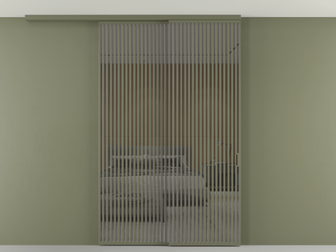 Перегородка Формато вдоль стены на потолок 2 створки с синхронным механизмом АЛПР 040.06 Алюминий оливковый тёмный Рефлективное серое стекло "Стопсол", калёное Цена 24150 AZE | Volhovec