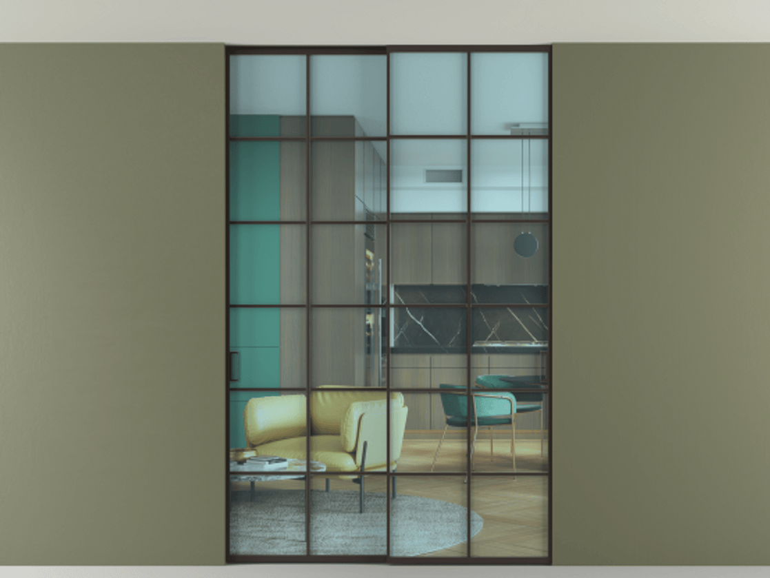 Перегородка Formato внутри проёма скрытое крепление в потолок 2 створки АЛПР 040.05 Алюминий антрацит Прозрачное голубое стекло, триплекс Цена 14100 AZE | Volhovec