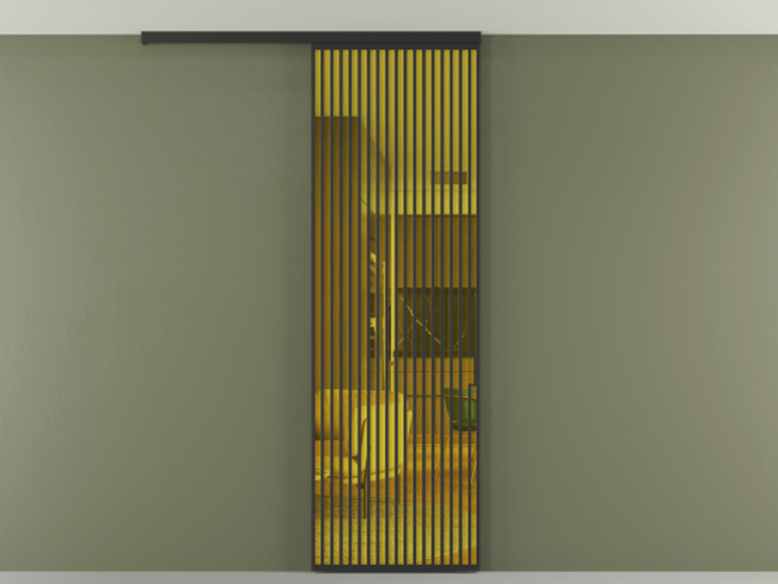 Перегородка Формато вдоль стены на потолок 1 створка АЛПР 040.06 Алюминий Черный Прозрачное жёлтое стекло, триплекс Цена 8900 AZE | Volhovec