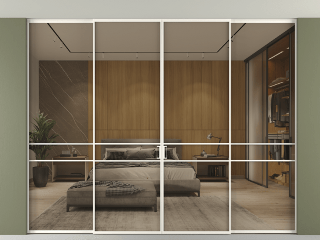 Перегородка Formato внутри проёма скрытое крепление в потолок 4 створки АЛПР 040.02 Алюминий пудровый белый Рефлективное бронзовое стекло "Stopsol", калёное Цена 28940 AZE | Volhovec