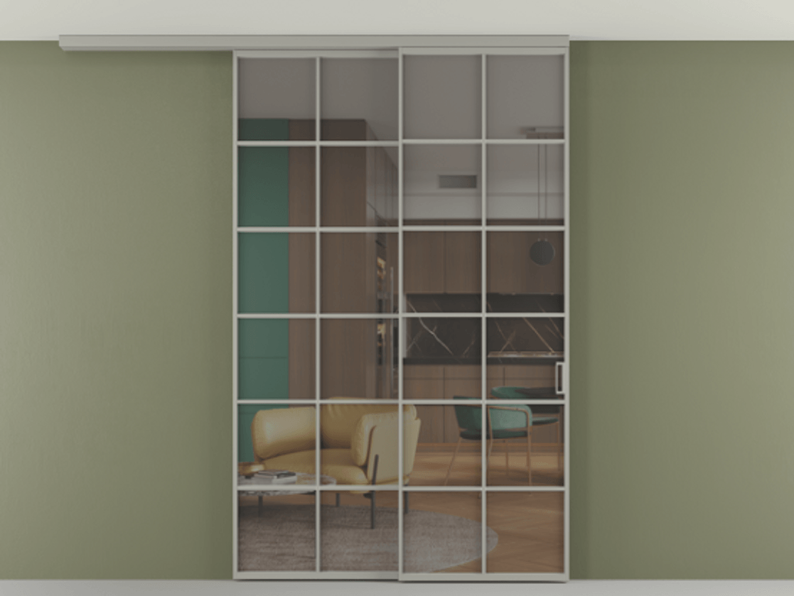 Перегородка Формато вдоль стены на потолок 2 створки с синхронным механизмом АЛПР 040.05 Алюминий нейтральный серый Прозрачное серое стекло, триплекс Цена 15210 AZE | Volhovec