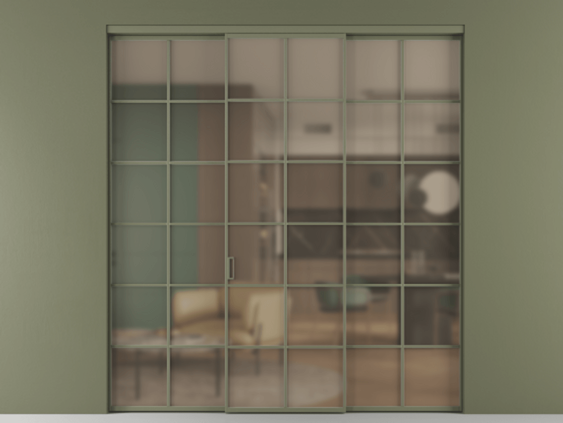 Перегородка Формато внутри проёма 3 створки АЛПР 040.05 Алюминий оливковый тёмный Сатинированное бронзовое стекло, триплекс Цена 13280 AZE | Volhovec