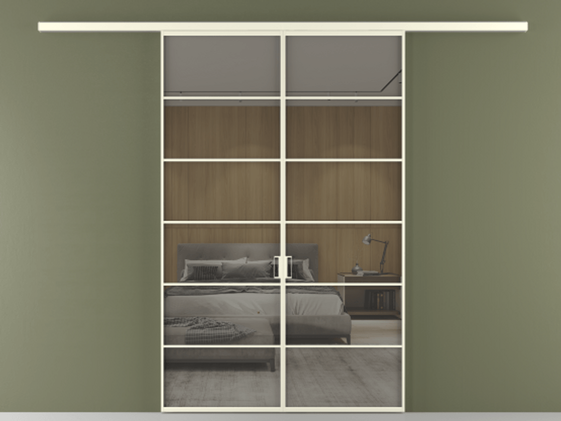 Перегородка Formato вдоль стены 2 створки АЛПР 040.04 Алюминий молочно-белый Рефлективное серое стекло "Stopsol", калёное Цена 13790 AZE | Volhovec