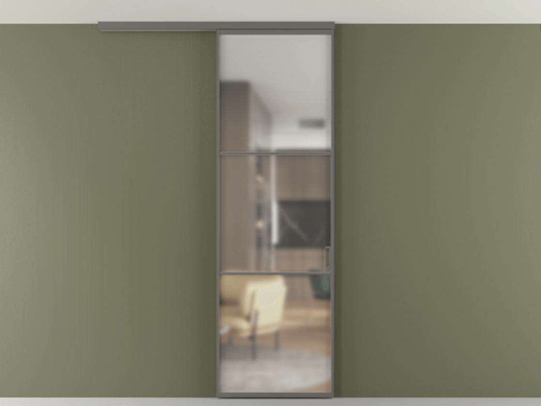 Перегородка Формато вдоль стены на потолок 1 створка АЛПР 040.03 Алюминий классический серый Сатинированное стекло "Мателюкс Кристал Вижн", калёное, матовое, каленое 6 мм Цена 6540 AZE | Volhovec