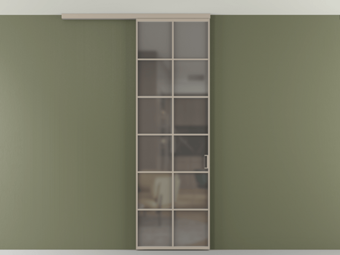 Перегородка Формато вдоль стены на потолок 1 створка АЛПР 040.05 Алюминий бисквитный Сатинированное серое стекло, триплекс Цена 5620 AZE | Volhovec