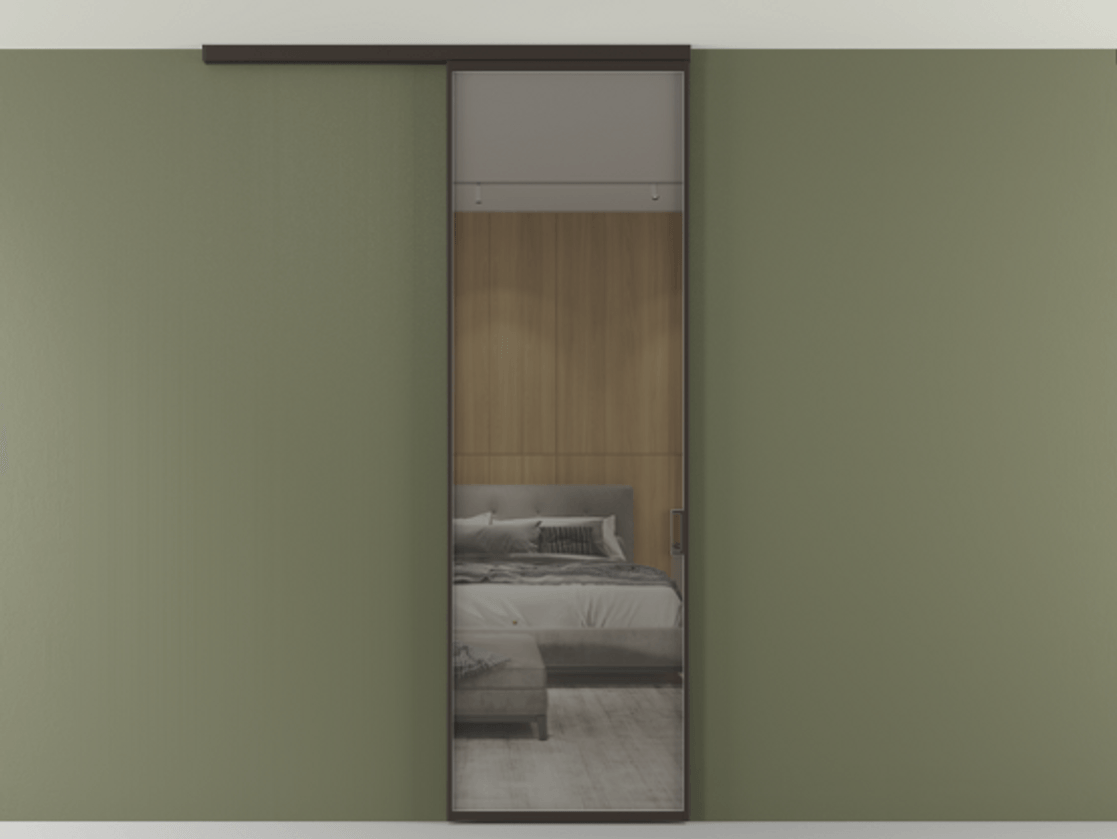 Перегородка Формато вдоль стены на потолок 1 створка АЛПР 040.01 Алюминий антрацит Рефлективное серое стекло "Стопсол", калёное Цена 6230 AZE | Volhovec