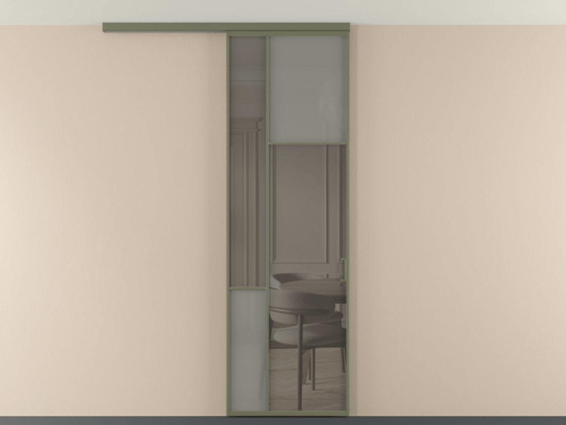 Перегородка Мозаик вдоль стены на потолок 1 створка АЛПР 041.11 Алюминий оливковый тёмный Сатинированное серое стекло, триплекс, 6 мм + Прозрачное серое стекло, триплекс Цена 7040 AZE | Volhovec