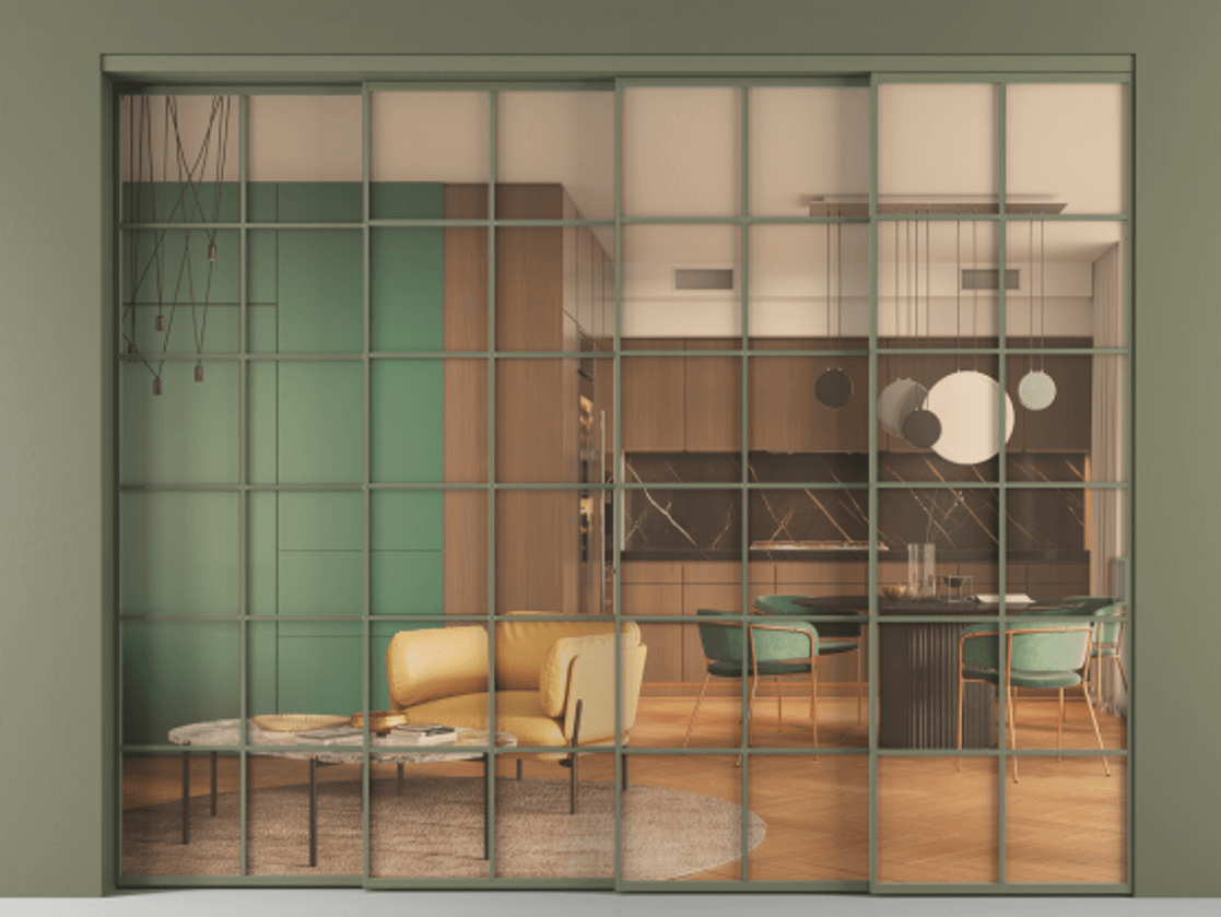 Перегородка Formato внутри проёма 4 створки с синхронным механизмом АЛПР 040.05 Алюминий оливковый тёмный Прозрачное оранжевое стекло, триплекс Цена 25500 AZE | Volhovec