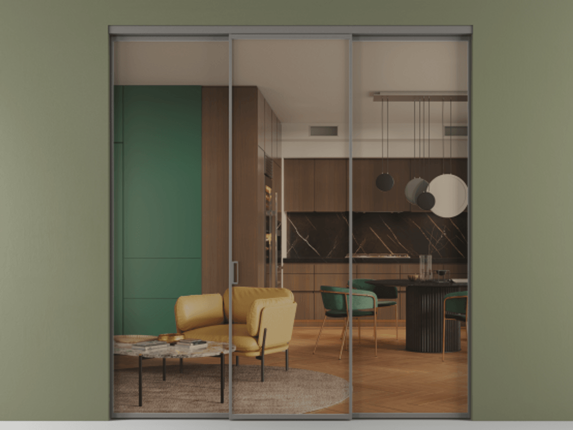 Перегородка Formato внутри проёма 3 створки АЛПР 040.01 Алюминий классический серый Прозрачное бронзовое стекло, триплекс Цена 11730 AZE | Volhovec