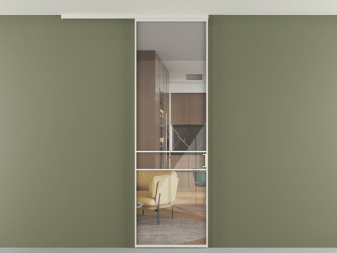 Перегородка Формато вдоль стены на потолок 1 створка АЛПР 040.02 Алюминий Белый Рефлективное прозрачное стекло "Стопсол", калёное Цена 6300 AZE | Volhovec