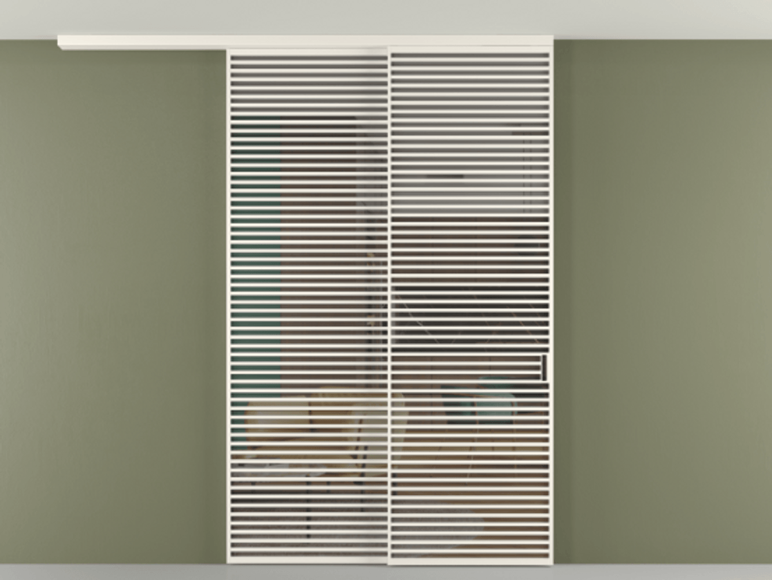 Перегородка Формато вдоль стены на потолок 2 створки с синхронным механизмом АЛПР 040.07 Алюминий пудровый белый Прозрачное серое стекло, триплекс Цена 27450 AZE | Volhovec