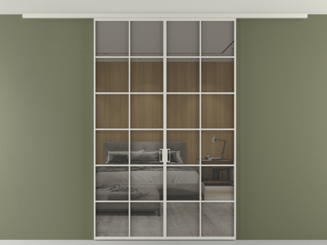 Перегородка Формато вдоль стены на потолок 2 створки АЛПР 040.05 Алюминий тёплый серый Рефлективное серое стекло "Стопсол", калёное Цена 13610 AZE | Volhovec