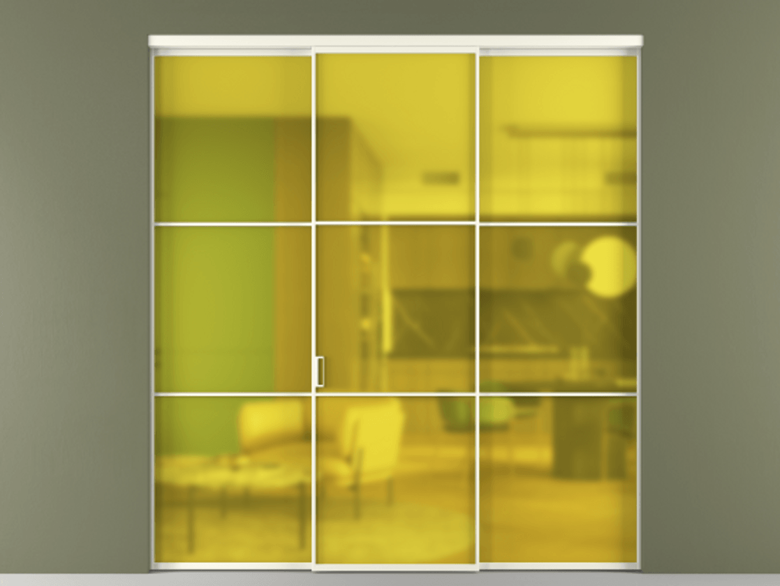 Перегородка Formato внутри проёма 3 створки АЛПР 040.03 Алюминий жемчужный Сатинированное жёлтое стекло, триплекс Цена 12400 AZE | Volhovec