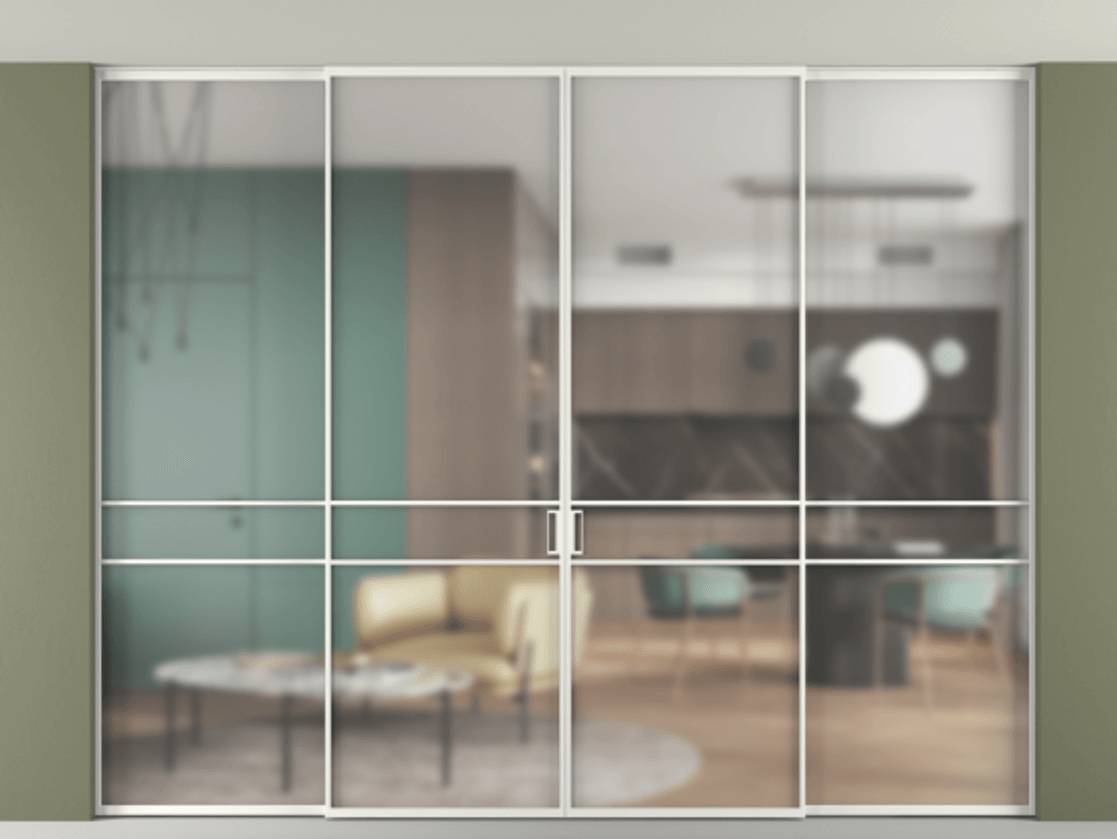 Перегородка Формато внутри проёма скрытое крепление в потолок 4 створки АЛПР 040.02 Алюминий светло-серый Сатинированное стекло "Мателюкс Кристал Вижн", калёное, матовое, каленое 6 мм Цена 28940 AZE | Volhovec