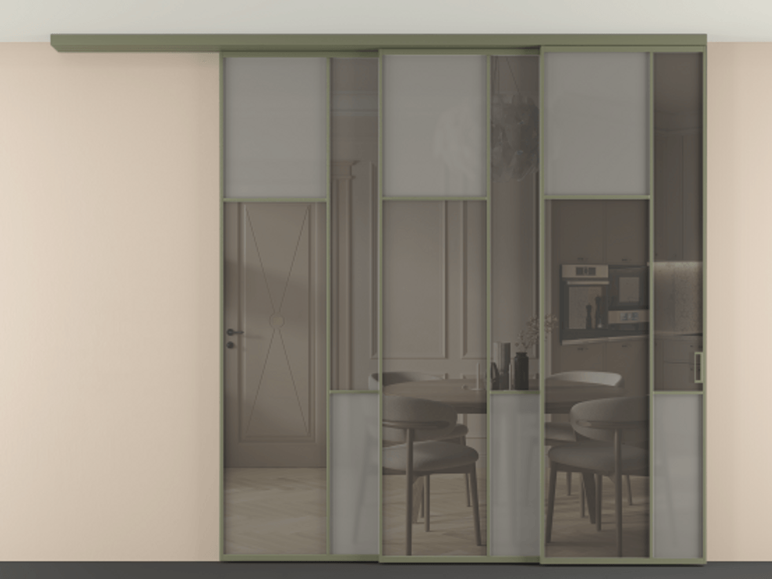 Перегородка Mosaic вдоль стены на потолок 3 створки с синхронным механизмом АЛПР 041.10 Алюминий оливковый тёмный Сатинированное серое стекло, триплекс, 6 мм + Прозрачное серое стекло, триплекс Цена 25990 AZE | Volhovec