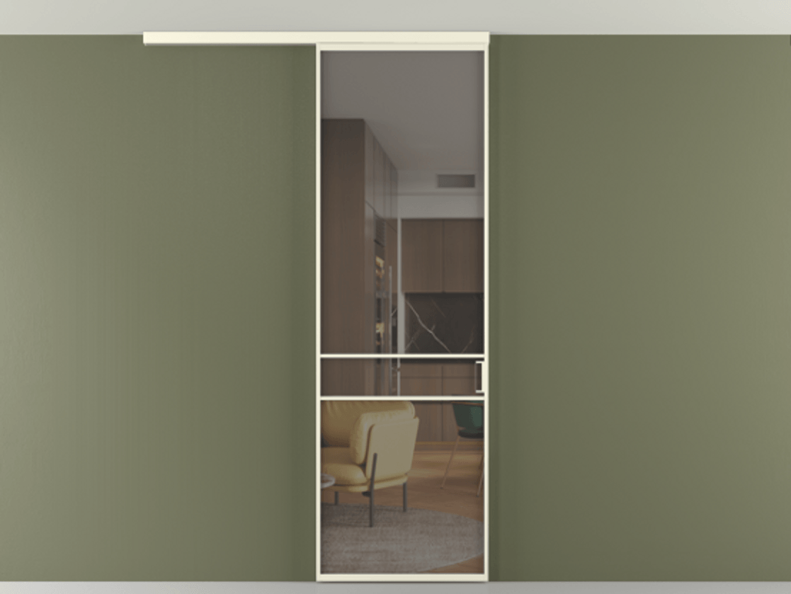 Перегородка Формато вдоль стены на потолок 1 створка АЛПР 040.02 Алюминий молочно-белый Прозрачное серое стекло, триплекс Цена 5050 AZE | Volhovec