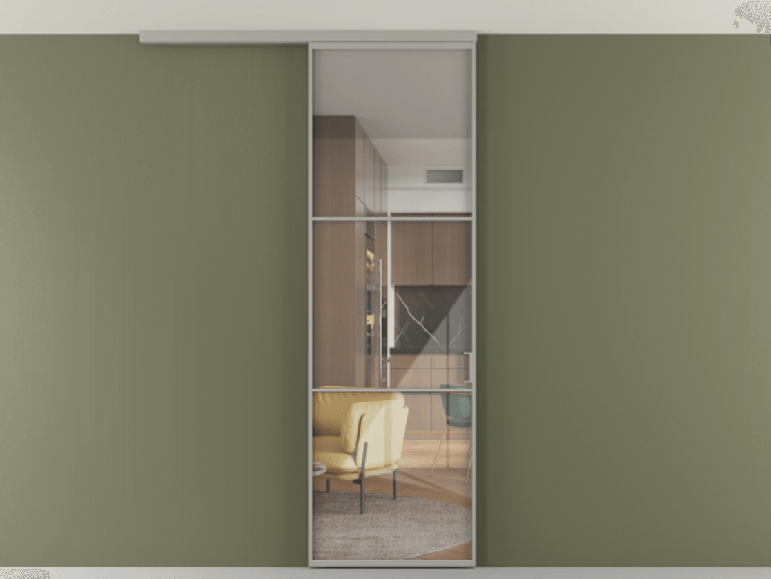 Перегородка Формато вдоль стены на потолок 1 створка АЛПР 040.03 Алюминий нейтральный серый Рефлективное прозрачное стекло "Стопсол", калёное Цена 5600 AZE | Volhovec