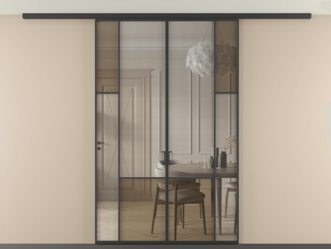 Перегородка Mosaic вдоль стены на потолок двустворчатая АЛПР 041.12 Алюминий Черный Декоративное стекло с сеткой "Mesh silver", триплекс, 6 мм + Прозрачное бронзовое стекло, триплекс, 6 мм Цена 13030 AZE | Volhovec