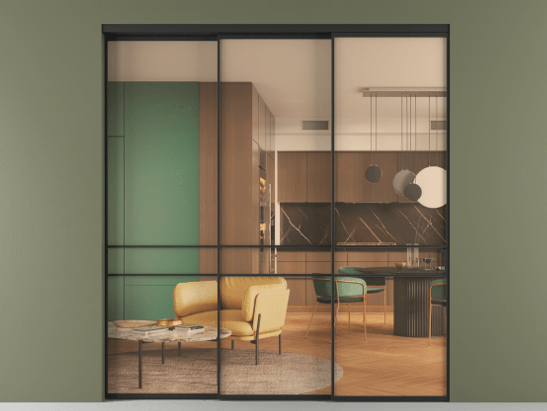 Перегородка Формато внутри проёма 3 створки с синхронным механизмом АЛПР 040.02 Алюминий Черный Прозрачное оранжевое стекло, триплекс Цена 17100 AZE  | Volhovec