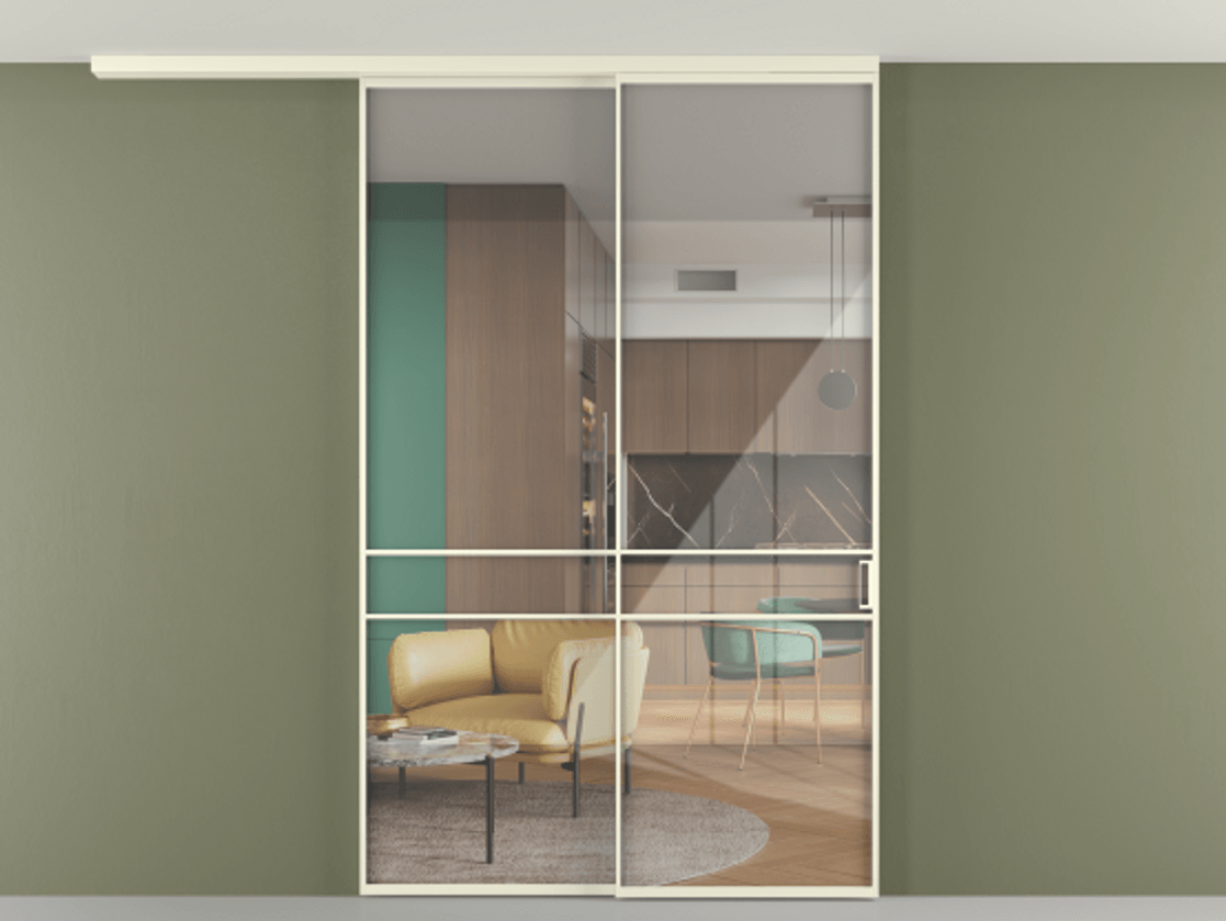 Перегородка Формато вдоль стены на потолок 2 створки с синхронным механизмом АЛПР 040.02 Алюминий молочно-белый Рефлективное прозрачное стекло "Стопсол", калёное Цена 15160 AZE | Volhovec