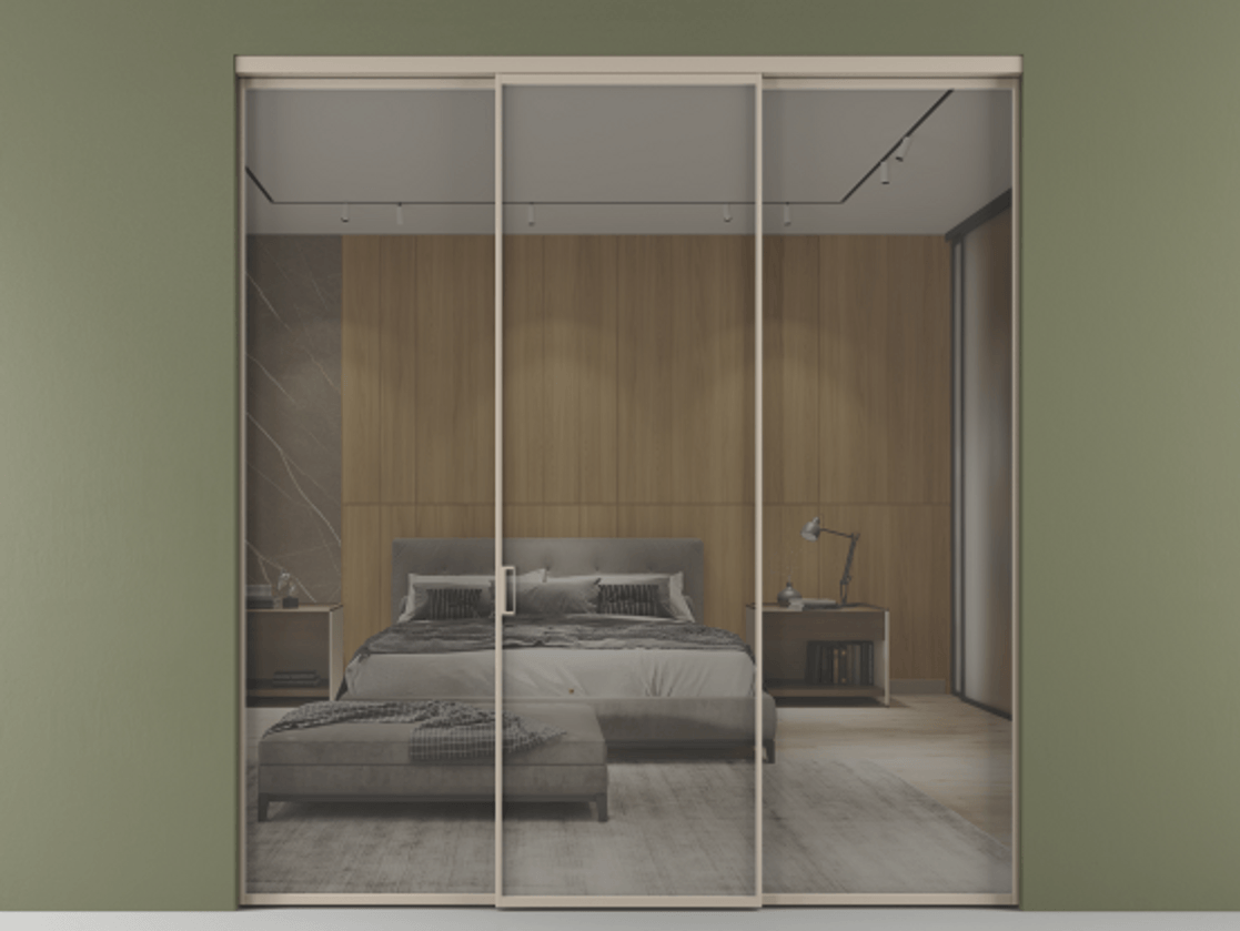 Перегородка Формато внутри проёма 3 створки АЛПР 040.01 Алюминий бисквитный Рефлективное серое стекло "Стопсол", калёное Цена 15710 AZE | Volhovec