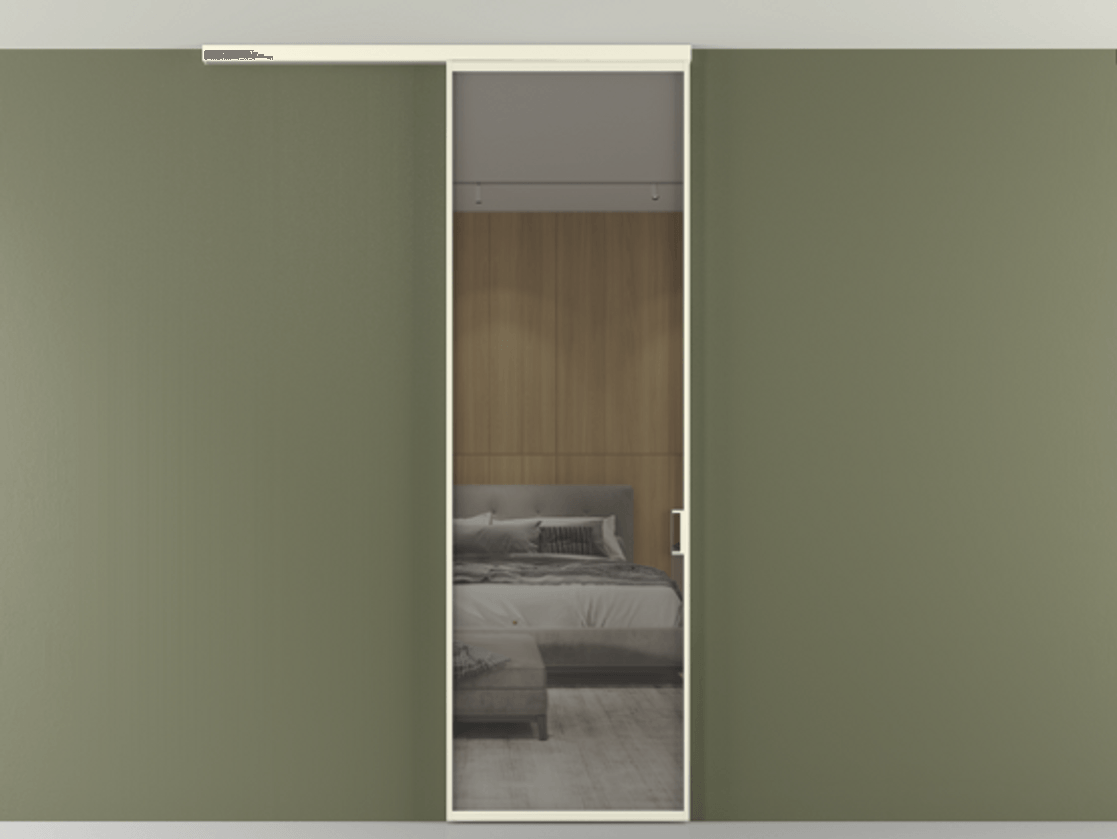 Перегородка Формато вдоль стены на потолок 1 створка АЛПР 040.01 Алюминий молочно-белый Рефлективное серое стекло "Стопсол", калёное Цена 6230 AZE | Volhovec