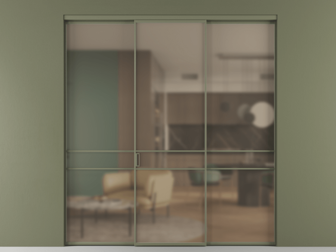 Перегородка Formato внутри проёма 3 створки АЛПР 040.02 Алюминий оливковый тёмный Сатинированное бронзовое стекло, триплекс Цена 12370 AZE | Volhovec